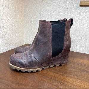 Sorel Women's Lea Boots Waterproof Wedge Chelsea Brown Leather Bootie Size 7.5